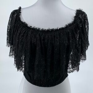 Vintage size XS Black Lace Basque Top Beaded Corset Antique Lace Overlay